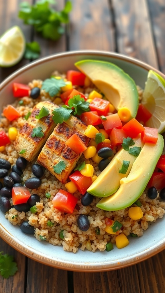 A colorful quinoa Mexican chicken bowl with chicken, black beans, corn, tomatoes, and avocado, garnished with cilantro and lime.